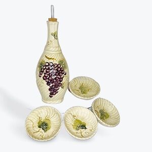 VINTAGE Ceramic Decanter 5 Piece Set oil bread dipping set with matching saucers